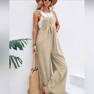 Boho Solid Sleeveless Long Length Jumpsuit, Casual Baggy Jumpsuit With Pockets